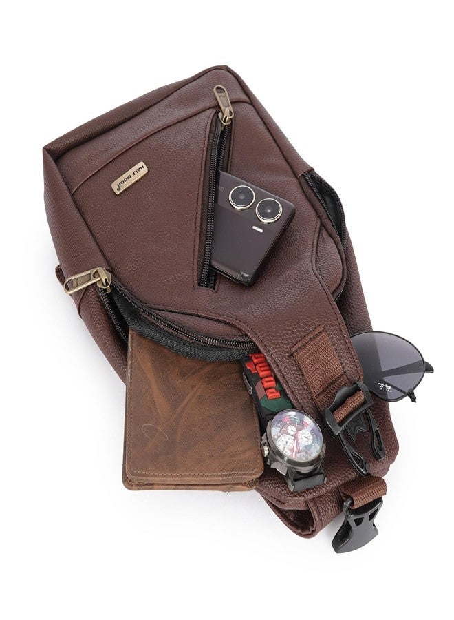Half Moon Echelon Crossbody Sling Bag for Men Slim Vegan Leather Chest Bag for Men Women for Upto 8-inch iPad Small Shoulder Side Bag Water-resistant Mobile Passport Bag Travel Office (Phantom Brown) - Image 5